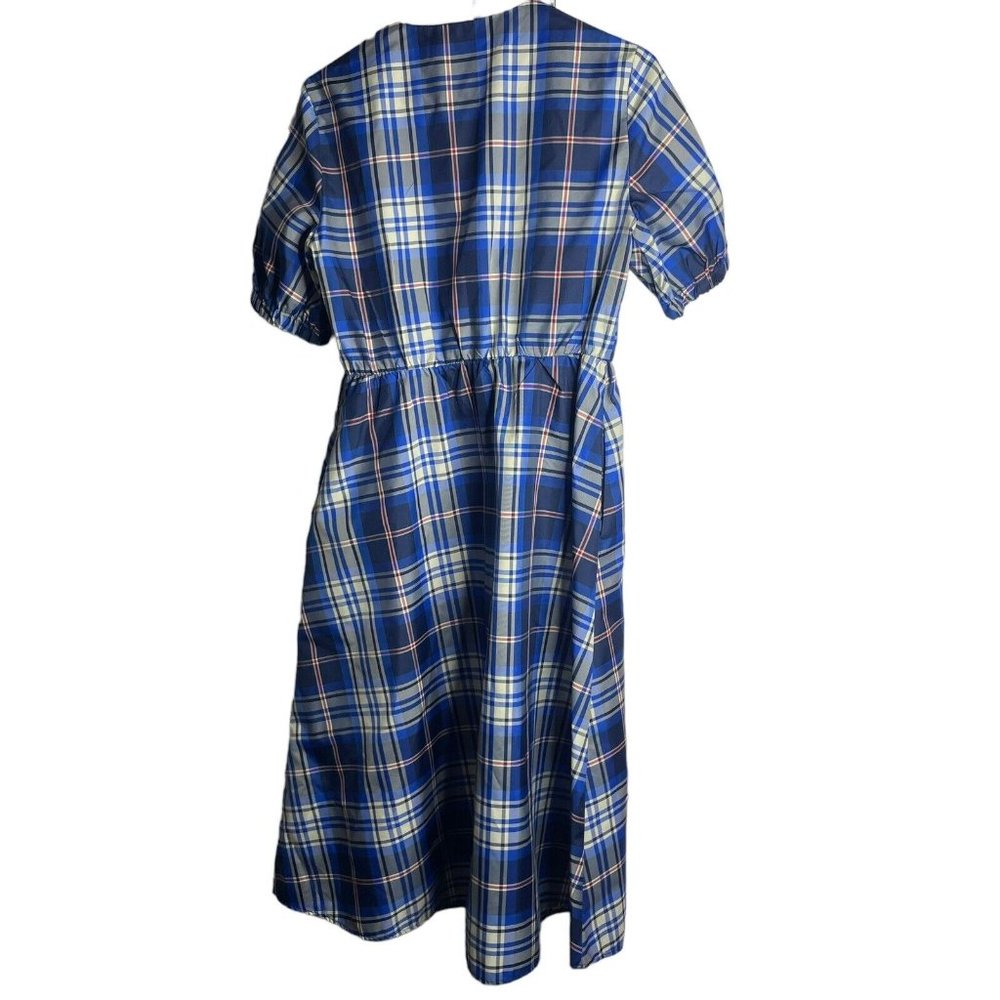 Zara Tartan Dress Womens S Blue Midi Plaid Check A-Line Puff Sleeve Button - Picture 2 of 8